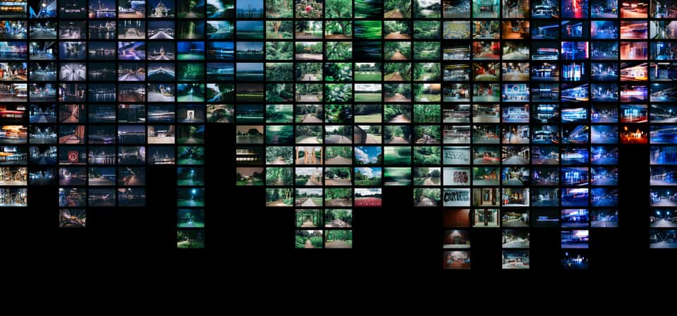 A big grid of photos that served as the base dataset for the generative system, captured along real running routes in London and Beijing.