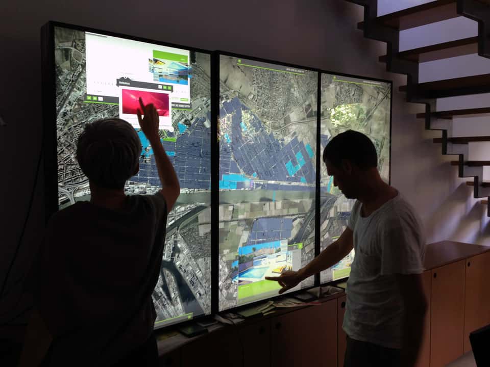 Internal R&D testing of the BASF media table using a connected multi-screen display in the studio environment.