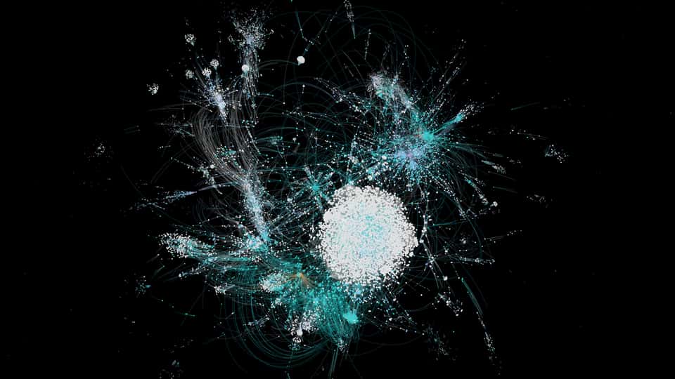 Still from the IBM Under the Surface experience showing a detailed 3-dimensional data structure in a dark environment